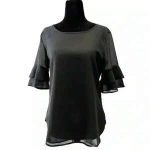 Ricki’s Blouse Short Sleeve Sheer Flowy  Ruffle Sleeves Black Size Small